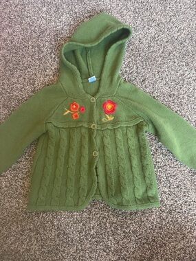 Vintage Kids Play Girl Green Hooded Knit Cable Jacket with Floral Embroidery 5